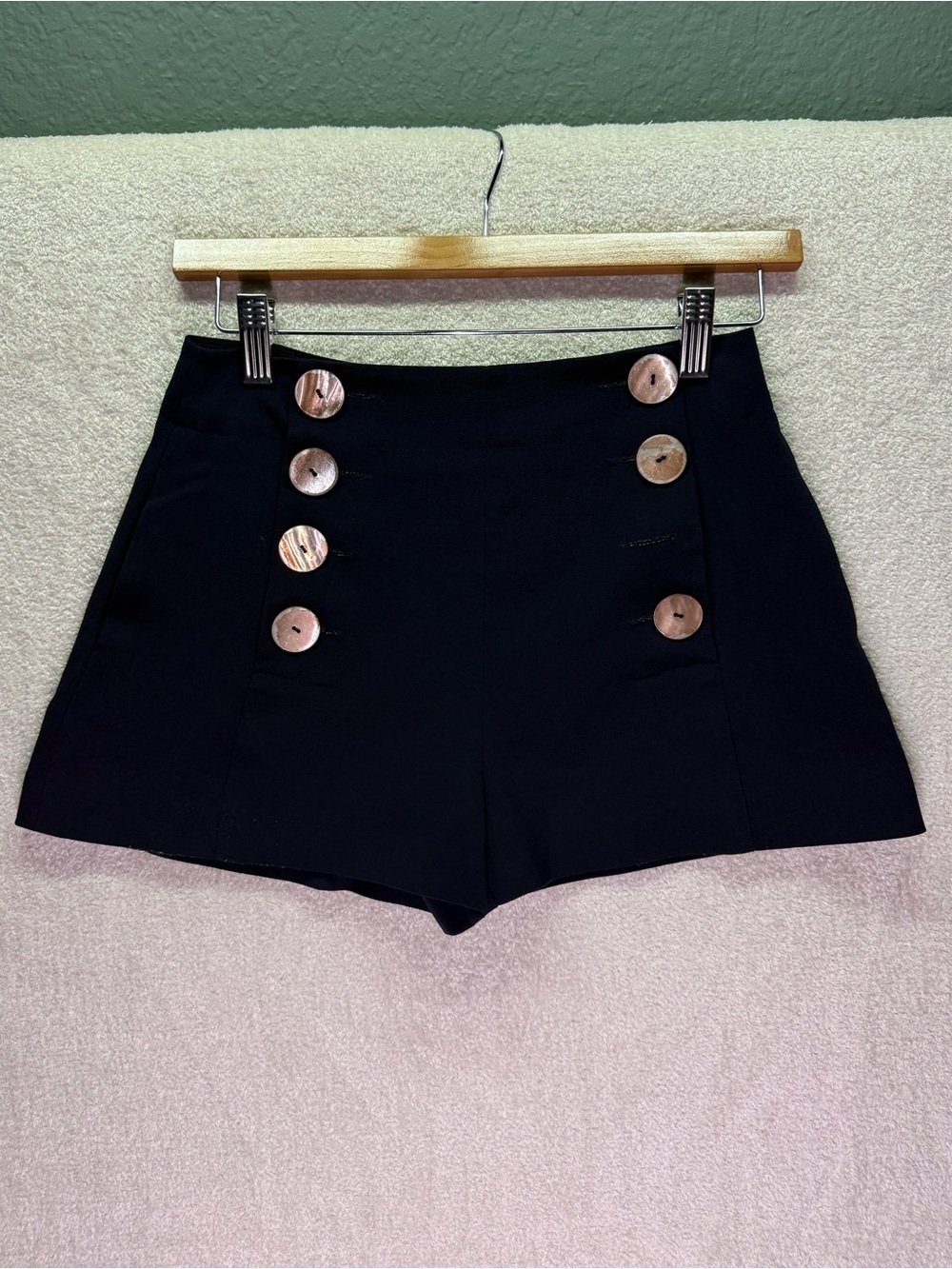 Derek Lam Black High-Waist Sailor-Style Shorts with Gold Buttons